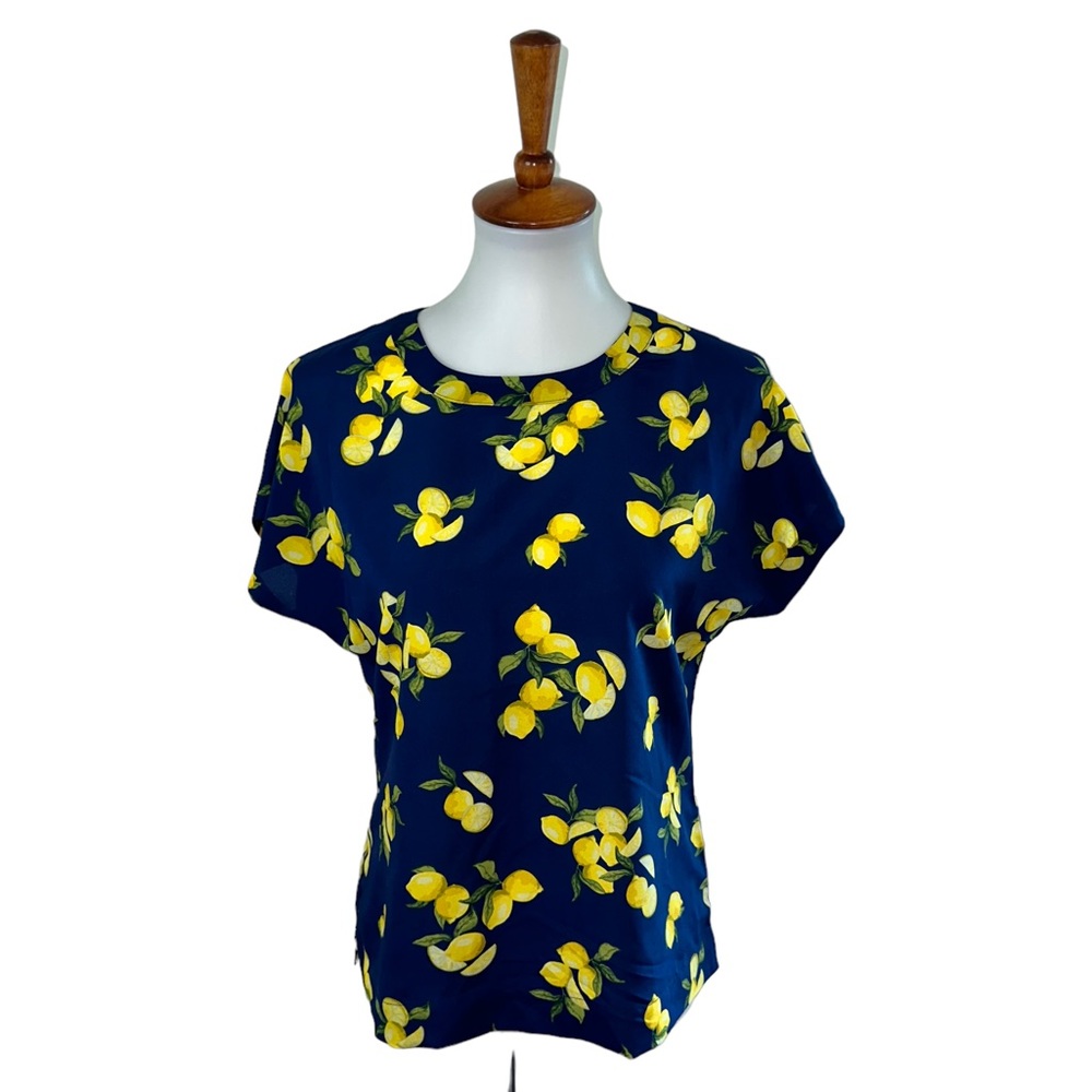 Banana Republic Blouse Short Sleeve Lemons Blue Yellow Size XS